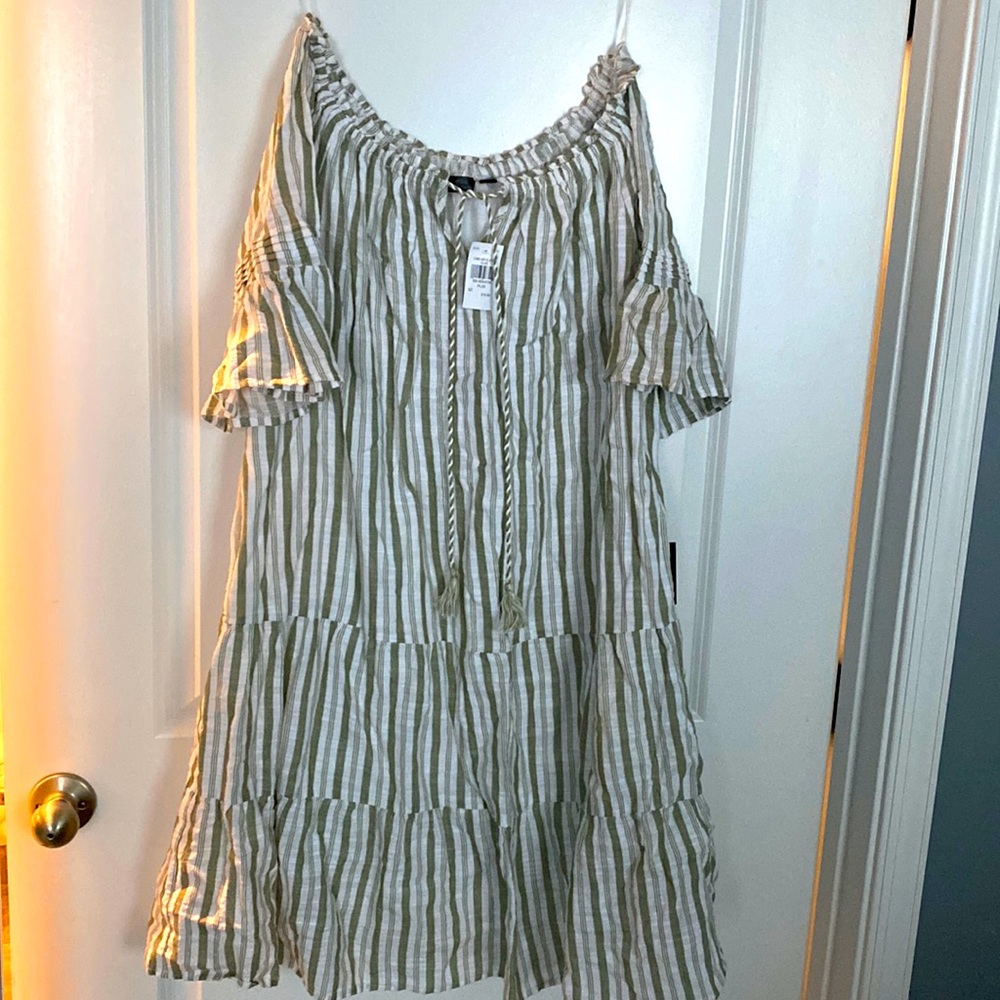Olive stripe off the shoulder flare dress